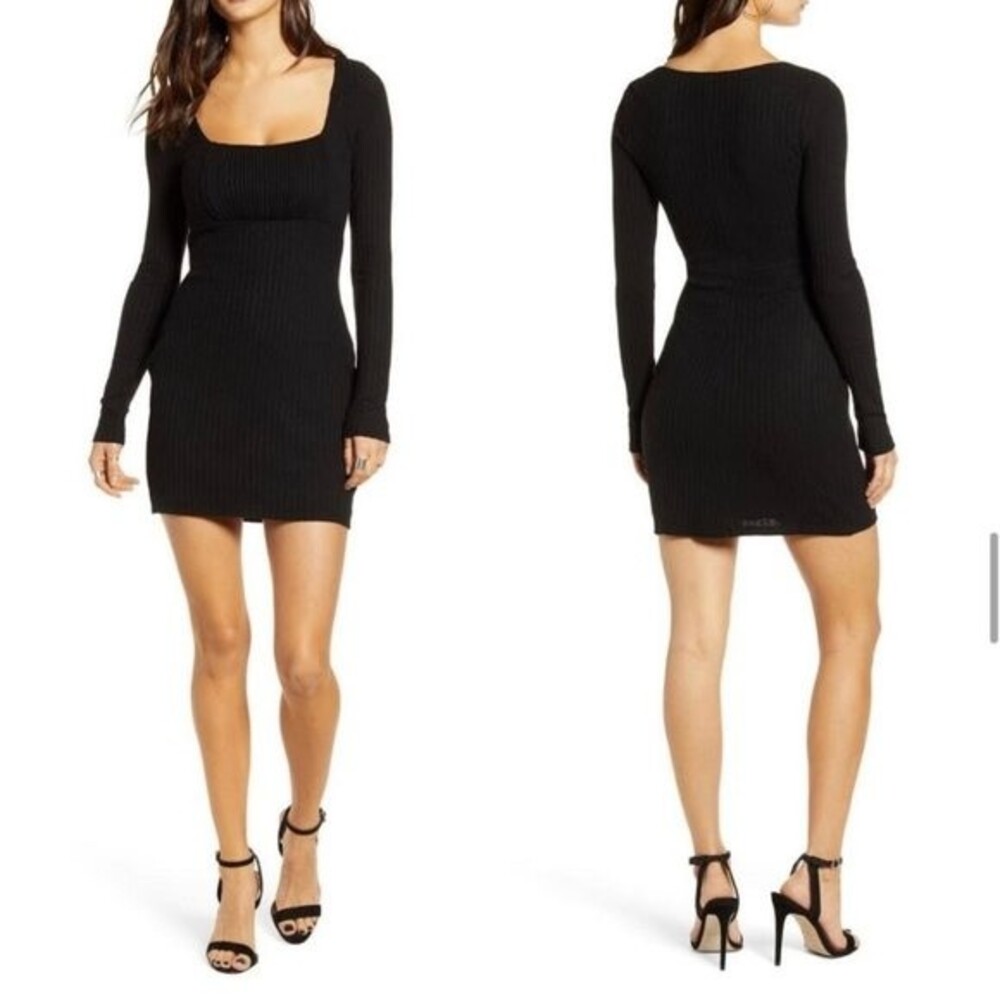 R O W A Black Mini Bodycon Long Sleeve Dress M